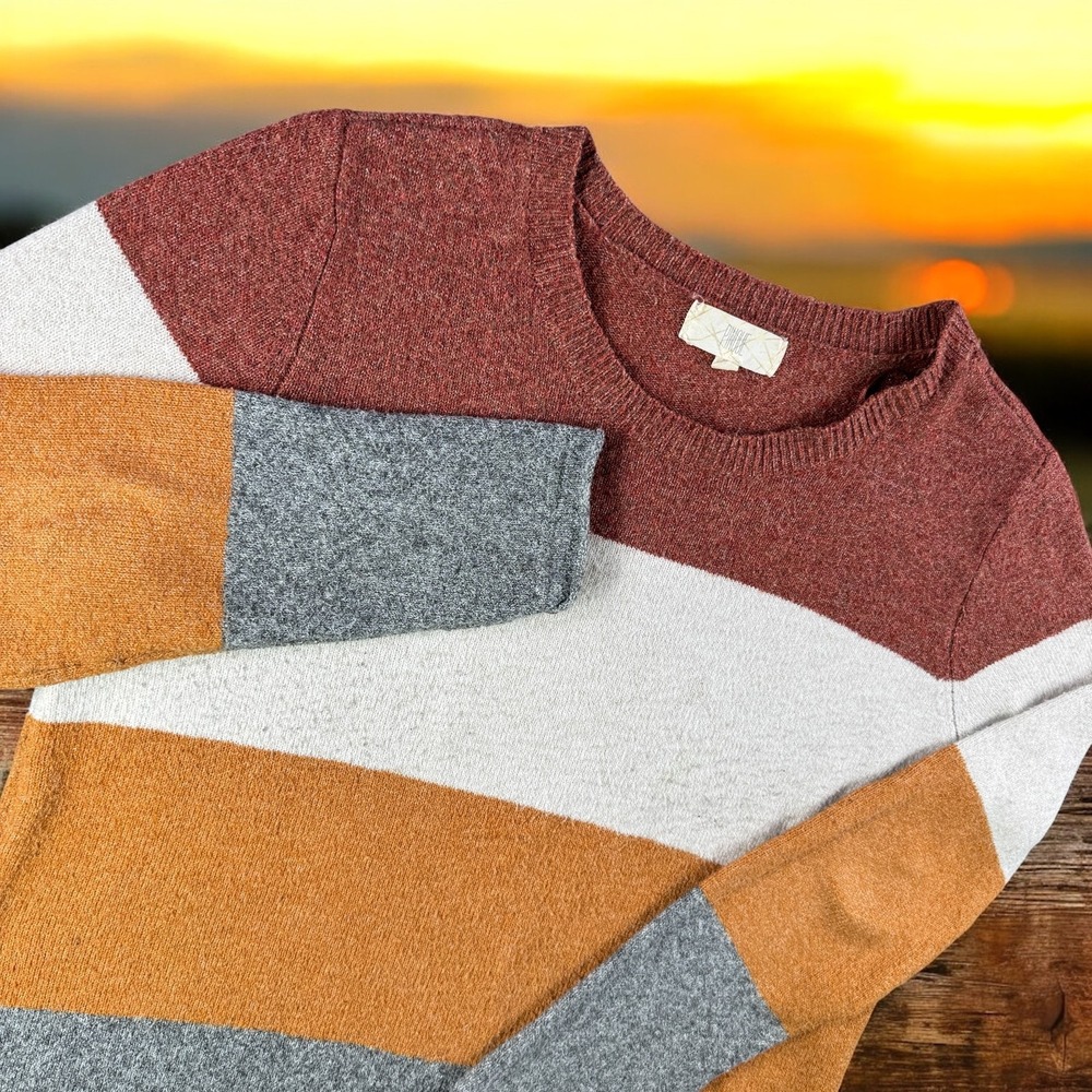 Pinque Sweater Women L Color‎ Block Boho Cozy Cottage Stretch Boxy Garden